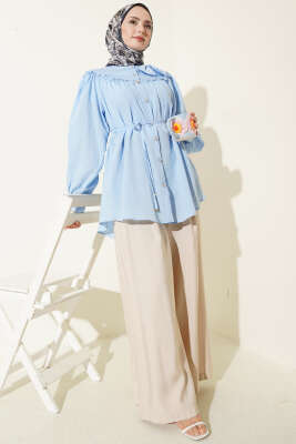 Yaka Fiyonk Detaylı Tunik Mavi - Tunik