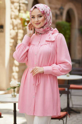 Yaka Fiyonk Detaylı Tunik Pembe 
