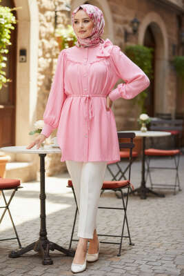 Yaka Fiyonk Detaylı Tunik Pembe - Tunik