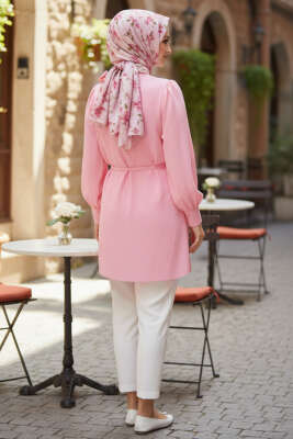 Yaka Fiyonk Detaylı Tunik Pembe - Tunik