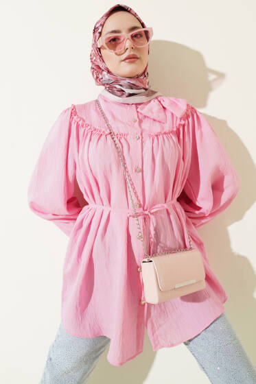 Yaka Fiyonk Detaylı Tunik Pembe - Tunik