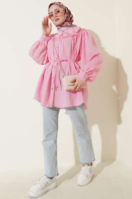 Yaka Fiyonk Detaylı Tunik Pembe - Tunik