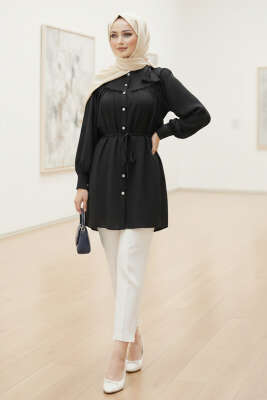 Yaka Fiyonk Detaylı Tunik Siyah - Tunik