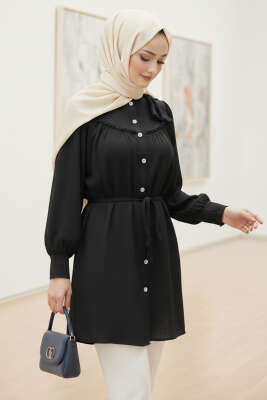 Yaka Fiyonk Detaylı Tunik Siyah 