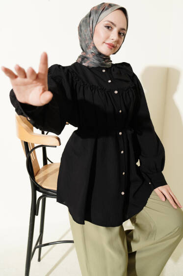 Yaka Fiyonk Detaylı Tunik Siyah - Tunik