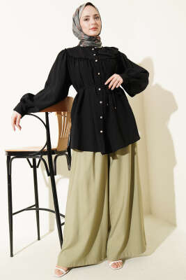 Yaka Fiyonk Detaylı Tunik Siyah - Tunik