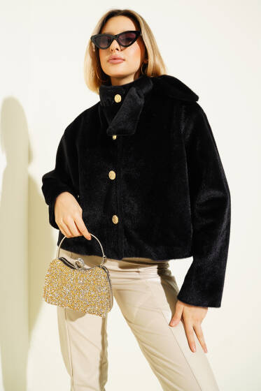 Yaka Fiyonklu Gold Düğmeli Ceket Siyah - Kadın Giyim Modelleri