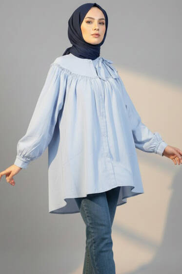 Yaka Fiyonklu Salaş Gömlek Bebe Mavi - Gömlek