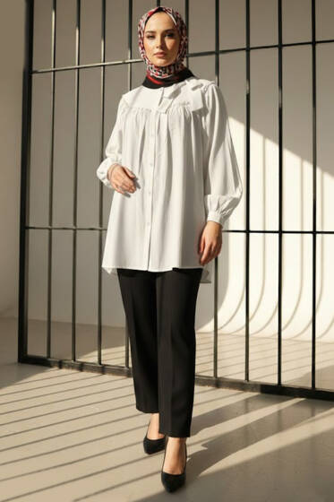 Yaka Fiyonklu Salaş Gömlek Beyaz - Gömlek