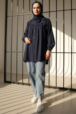 Yaka Fiyonklu Salaş Gömlek Lacivert - DESTİNA