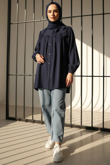 Yaka Fiyonklu Salaş Gömlek Lacivert - Gömlek