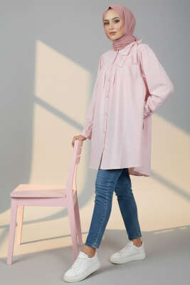 Yaka Fiyonklu Salaş Gömlek Pembe - 300-500 TL Ürünler