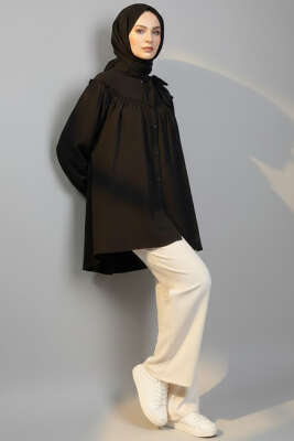 Yaka Fiyonklu Salaş Gömlek Siyah - DESTİNA