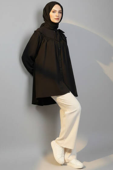 Yaka Fiyonklu Salaş Gömlek Siyah - Gömlek