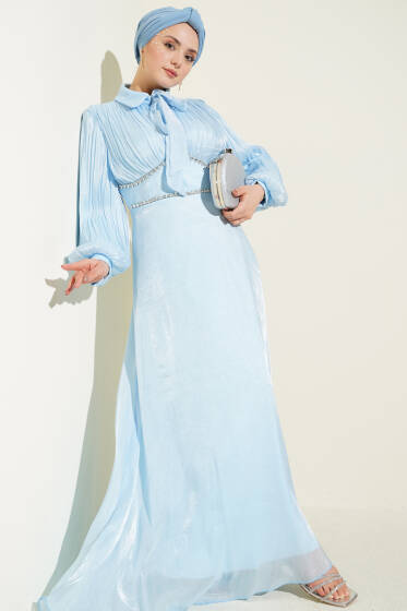 Yaka Fiyonklu Taşlı Abiye Elbise Bebe Mavi - Elbise