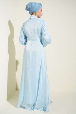 Yaka Fiyonklu Taşlı Abiye Elbise Bebe Mavi - Elbise