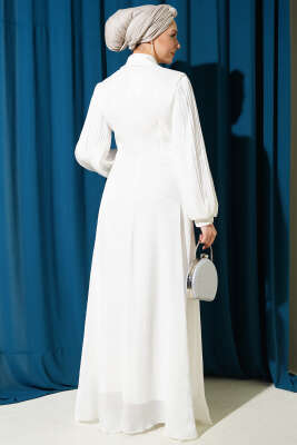 Yaka Fiyonklu Taşlı Abiye Elbise Beyaz - Elbise