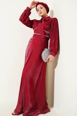 Yaka Fiyonklu Taşlı Abiye Elbise Bordo 