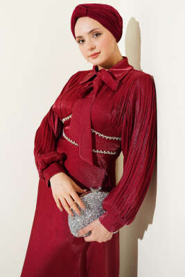 Yaka Fiyonklu Taşlı Abiye Elbise Bordo - Elbise