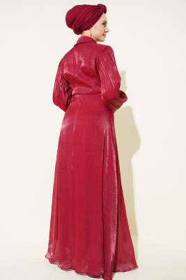 Yaka Fiyonklu Taşlı Abiye Elbise Bordo - Elbise