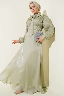 Yaka Fiyonklu Taşlı Abiye Elbise Mint - BERAT TEKSTİL