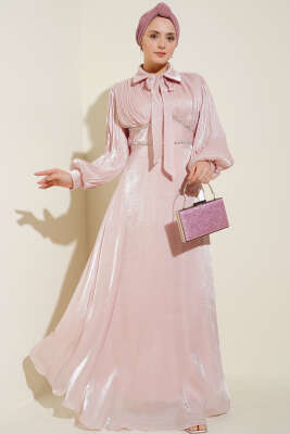 Yaka Fiyonklu Taşlı Abiye Elbise Pudra 