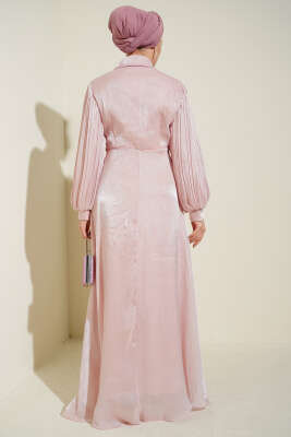 Yaka Fiyonklu Taşlı Abiye Elbise Pudra - Elbise