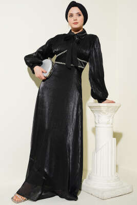 Yaka Fiyonklu Taşlı Abiye Elbise Siyah 