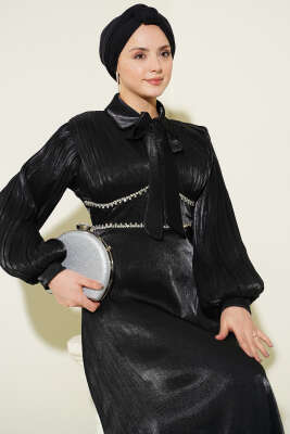 Yaka Fiyonklu Taşlı Abiye Elbise Siyah - Elbise