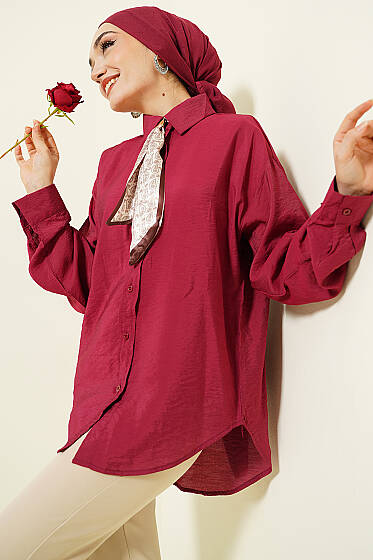 Yaka Fularlı Basic Gömlek Bordo - 300-500 TL Ürünler