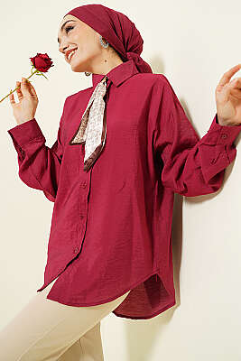 Yaka Fularlı Basic Gömlek Bordo 