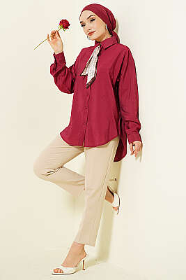 Yaka Fularlı Basic Gömlek Bordo - Gömlek