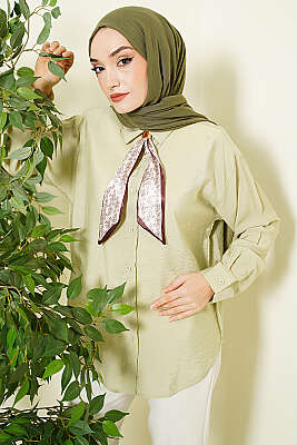 Yaka Fularlı Basic Gömlek Çağla Yeşili - Gömlek