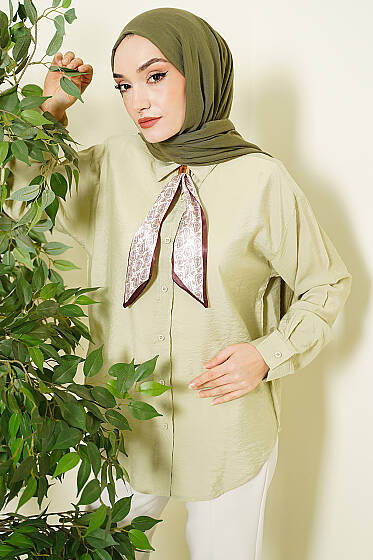 Yaka Fularlı Basic Gömlek Çağla Yeşili - Gömlek