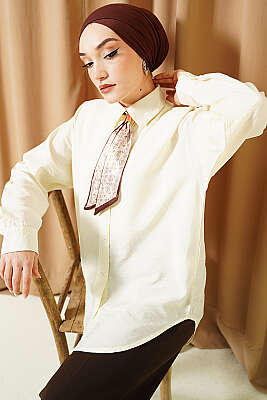 Yaka Fularlı Basic Gömlek Krem 