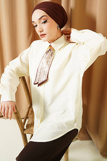 Yaka Fularlı Basic Gömlek Krem - Gömlek