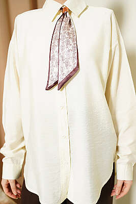 Yaka Fularlı Basic Gömlek Krem - Gömlek