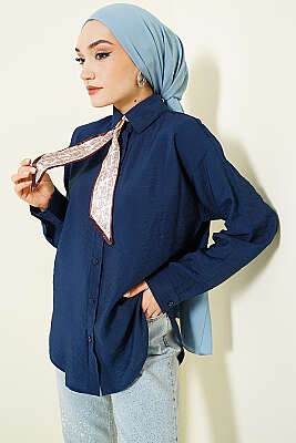 Yaka Fularlı Basic Gömlek Lacivert 