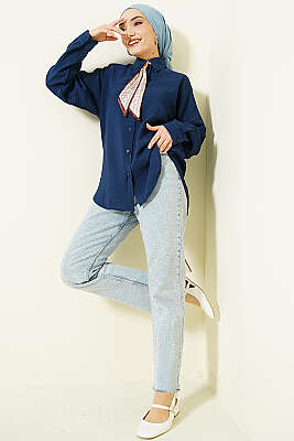 Yaka Fularlı Basic Gömlek Lacivert - Gömlek