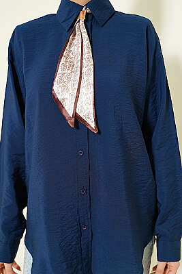 Yaka Fularlı Basic Gömlek Lacivert - Gömlek