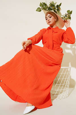 Yaka Fularlı Kuşaklı Elbise Oranj - Thumbnail