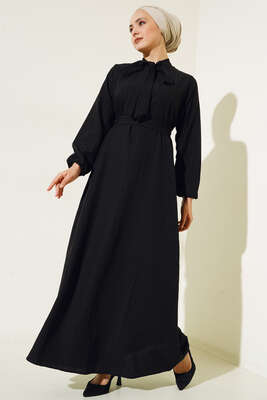 Yaka Fularlı Kuşaklı Elbise Siyah - Thumbnail