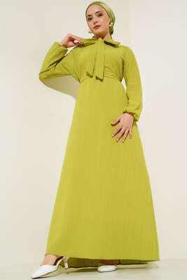 Yaka Fularlı Kuşaklı Elbise Yağ Yeşil - Thumbnail