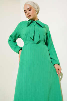 Yaka Fularlı Kuşaklı Elbise Yeşil - Thumbnail