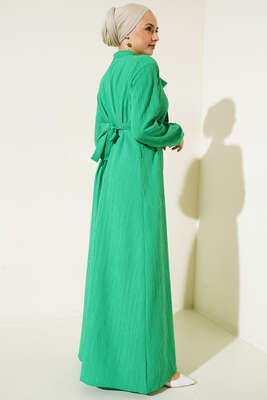 Yaka Fularlı Kuşaklı Elbise Yeşil - Thumbnail