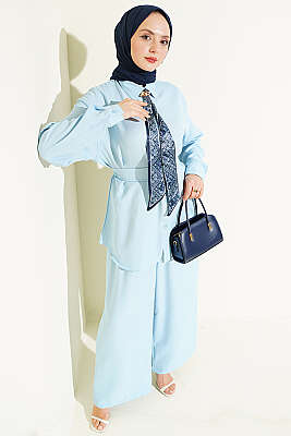 Yaka Fularlı Kuşaklı Salaş İkili Takım Bebe Mavi 