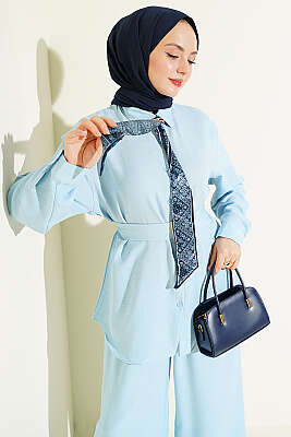 Yaka Fularlı Kuşaklı Salaş İkili Takım Bebe Mavi - İkili Takım