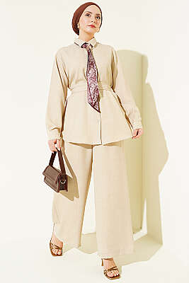 Yaka Fularlı Kuşaklı Salaş İkili Takım Bej - HATUN