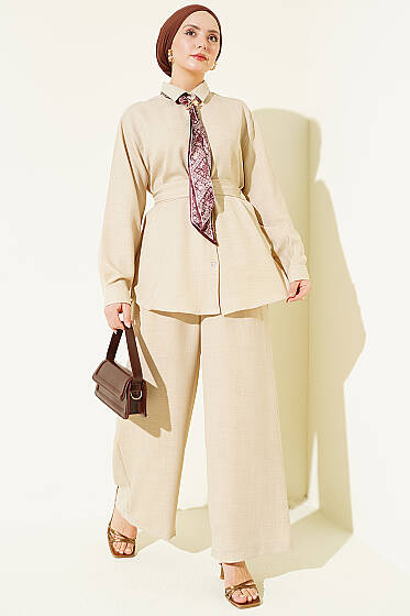 Yaka Fularlı Kuşaklı Salaş İkili Takım Bej - İkili Takım