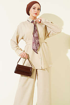 Yaka Fularlı Kuşaklı Salaş İkili Takım Bej - İkili Takım